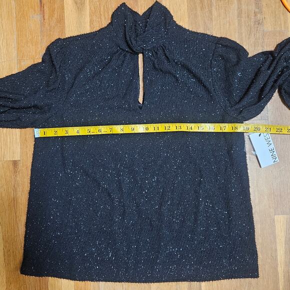 Nine West Blouse Small Black Metallic Long‎ Sleeve Keyhole Mock Neck Top Office - Picture 10 of 15
